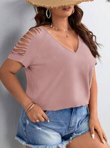 SHEIN VCAY Camiseta informal de manga corta con cuello en V y calado para mujer de talla grande