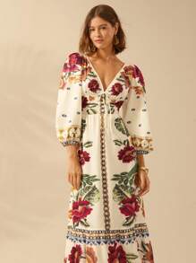 CAJUNI Vestido de Férias Feminino Boêmio com Estampa Floral, Gola em V, Manga Longa, Costas Vazadas, Cintura A-line