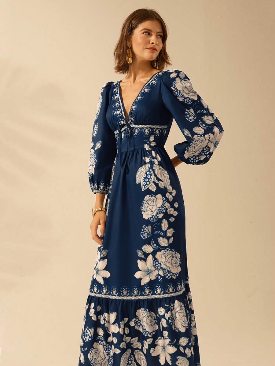 CAJUNI 女士热带花卉印花V领长袖露背度假连衣裙 - 彩色 - 查看 1