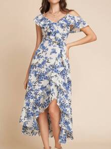 SHEIN Clasi Vestido Maxi de mujer para vacaciones con estampado floral de volantes y bajo con volantes
