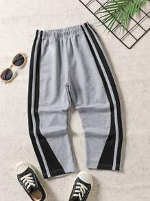 Young Boy Side Contrast Stitching Loose Straight-Leg Pants, Versatile For Daily Casual And Sports, Breathable Thin Fabric