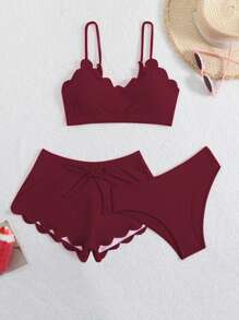 SHEIN Swim 3pcs Separate Floral Swimsuit For Summer Beach Vacation - Burgundy - View 3