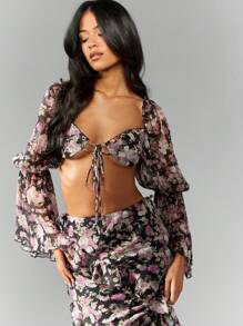 MISSGUIDED 花卉雪纺长袖 Bralette 上衣泡泡袖系带前部节日夏季海滩波西米亚风短款上衣，带褶边细节 - 彩色 - 查看 4