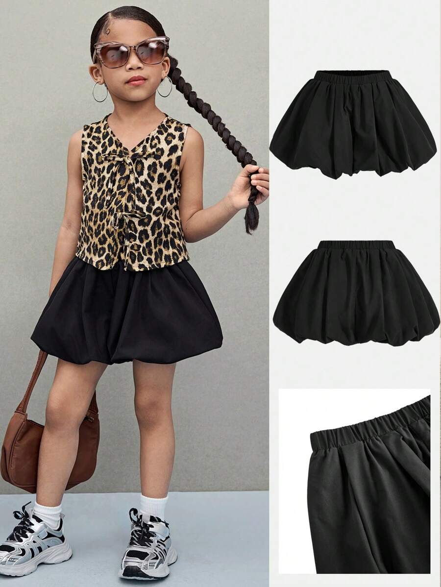 Young Girl Woven Solid-Color Fitted Casual Shorts - Black - View 1