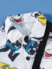 SHEIN 2 pezzi Completo casual per bimbi piccoli con camicia a colletto e pantaloni con stampa colorata di cani, con borsa a tracolla, adatto per attività all'aperto, primavera/estate