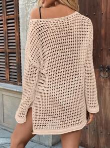 LanaWest 宽松镂空针织罩衫，度假休闲风 - 杏色 - 查看 2