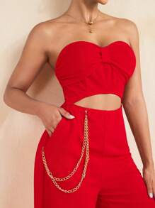 PHXTHREADS Red Strapless Gold Chain Cut Out Wide Leg Jumpsuit For Women Summer Outfit Vacation Holiday - Red - View 6