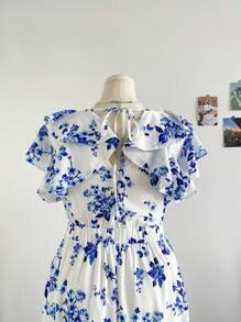 Dreamara Plus Size Women Floral V-Neck Cinched Waist Ruffle Hem Mid-Length Dress, Blue, Summer - Blue and White - View 3