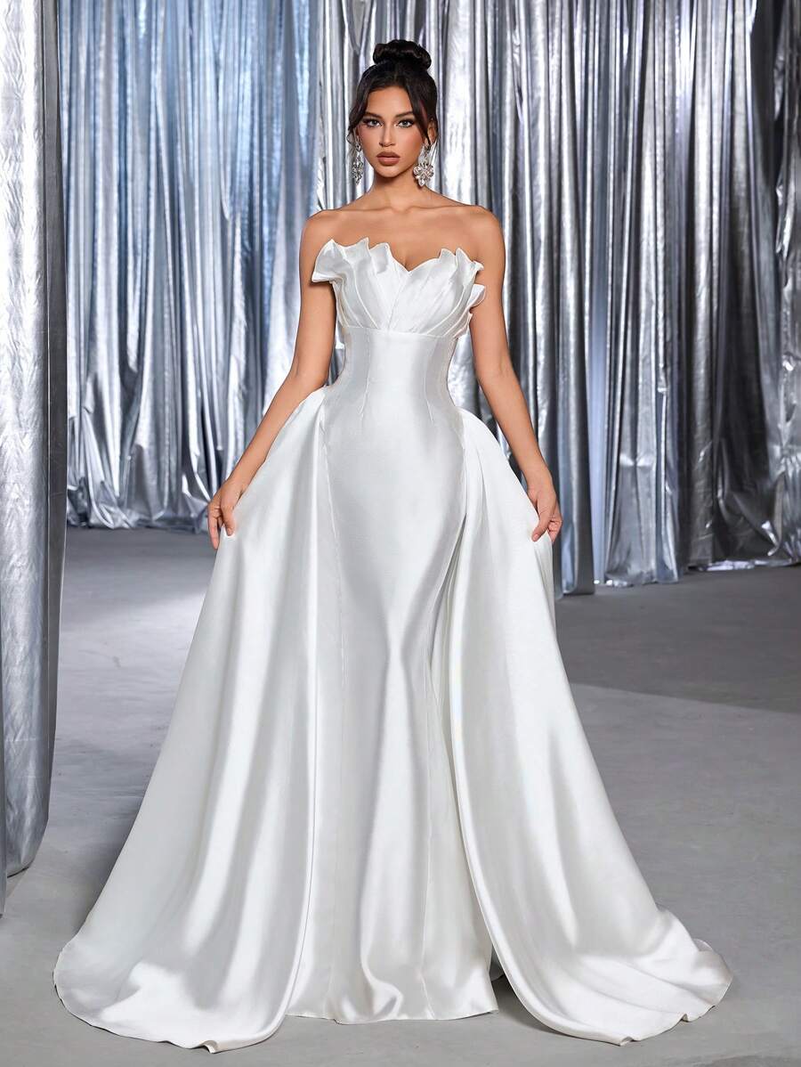 Glamrae 优雅简约 3D 花卉造型贝壳形后背系带设计宽 A 字形美人鱼尾婚纱 - 白色 - 查看 1