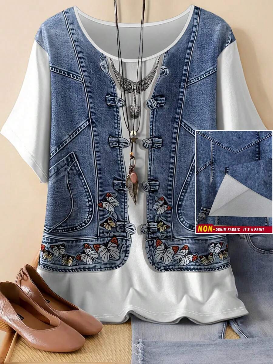 SHEIN LUNE Camiseta de manga corta con cuello redondo y estampado gráfico en talla grande para mujer - Multicolor - Ver 1