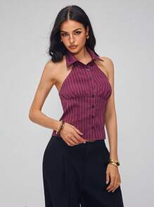 Chiquease Áo khoác Blazer không tay kẻ sọc kiểu Pháp vừa vặn & sang trọng - Màu Đỏ Sâu - Xem 3