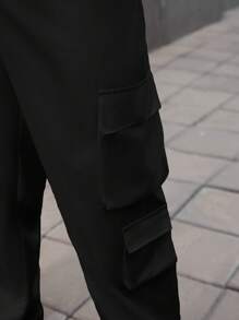 Manfinity Homme 大码男士简约休闲纯色抽绳腰工装裤 - 黑色 - 查看 3