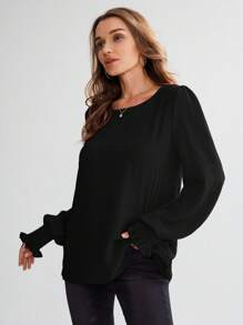 EMERY ROSE Round Neck Solid Color Lantern Sleeve Shirt, Casual For Autumn,Long Sleeve Tops