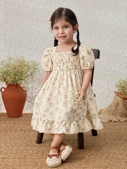 Blossori 女婴乡村度假卡其色花朵泡泡袖连衣裙