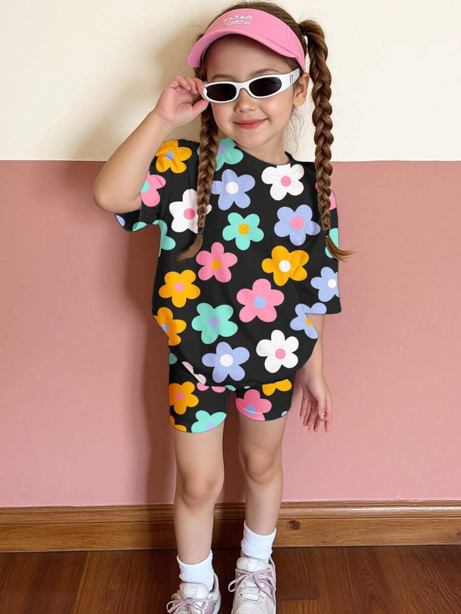 SHEIN Set de 2 bucăți pentru fetiță, ocazional, cu mâneci scurte și pantaloni scurți, potrivit pentru vară