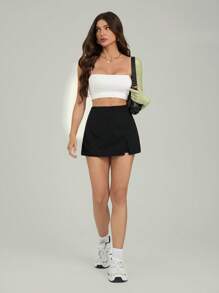 SHEIN Tall 女士夏季休闲纯色侧开叉迷你裙短裤 - 黑色 - 查看 5