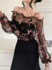 DAZY Floral Print Off Shoulder Lantern Sleeve Women Blouse - Black - View 5