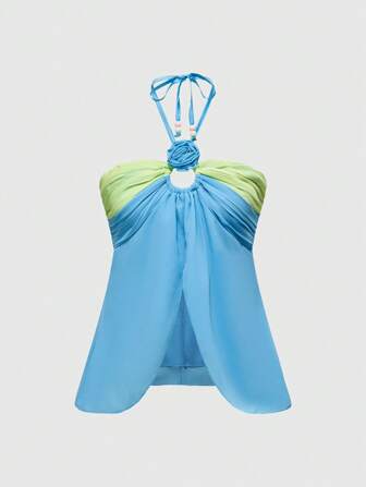 ROMWE Avant Chaleco plisado de playa para mujer con estampado floral de bloques de color y escote de halter