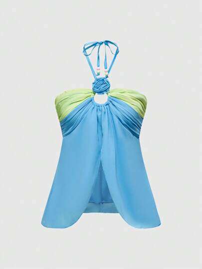 ROMWE Avant Color Block Floral Pleated Halter Beach Vest For Women