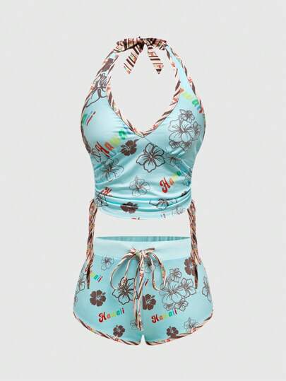 ROMWE Avant 2pcs/Set Women Holiday Island Hibiscus Print Rhinestone Halter Tank Top And Super Short Shorts Set