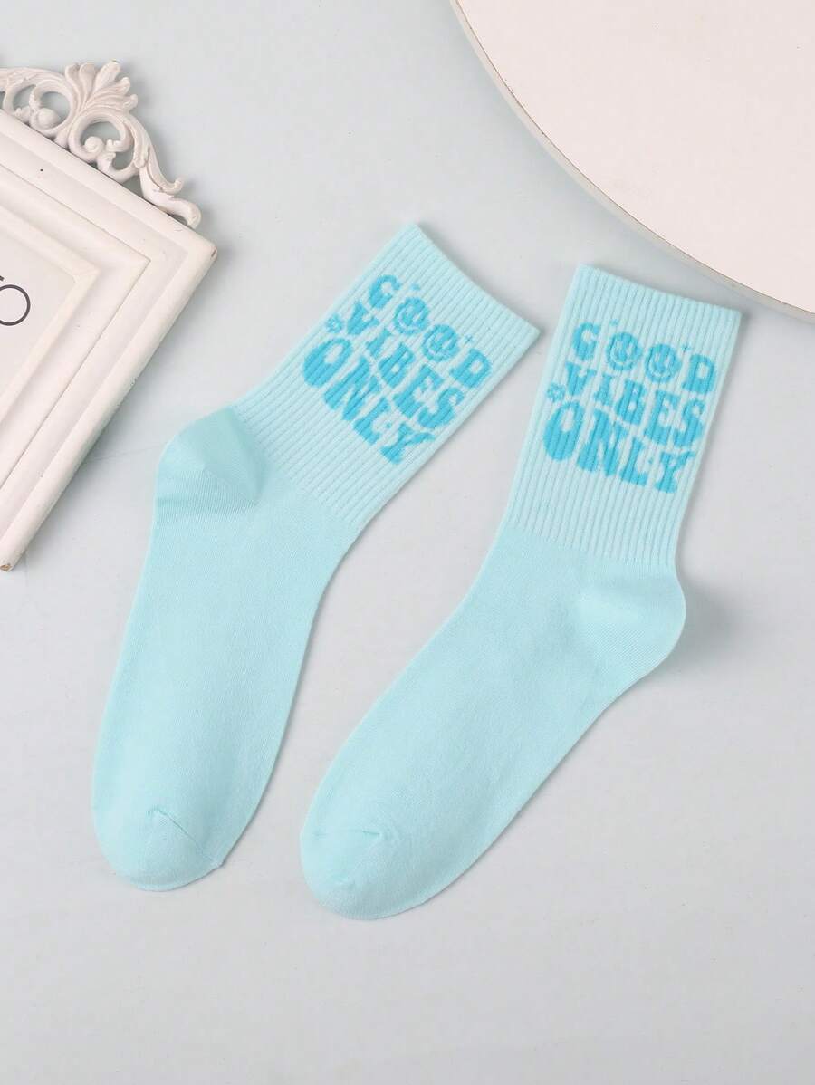 Mierfa 1 Pair Blue Letter Jacquard Pattern Women Mid-Calf Socks, Summer - Mint Green - View 1