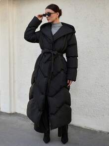 CLARA VERO Palton de iarnă cu curea supradimensionată pentru femei, puf, foarte lung - Negru - Vizualizare 5