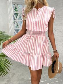 Breezaya Blue & White Striped Summer Dress With Shoulder Pleats, Bowknot, And Elasticated Waist, Cotton - Watermelon Pink - View 3