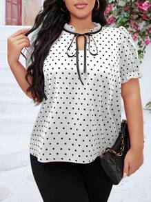 Celure Plus Size Polka Dot Print Tie Bow Ruffle Hem Blouse For New Year Clothes - White - View 5