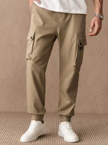 Mainfolk Men's Casual Woven Mid-Waist Drawstring Multi-Pocket Cargo Pants,Casual ,Men's Hiking Pants, Khaki Pants - Khaki - View 5