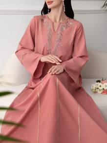 Al Najma Women's V Neck Pullover Gold Embroidered Turkish & Arabic Style Abaya, Modest Kaftan - Pink - View 3