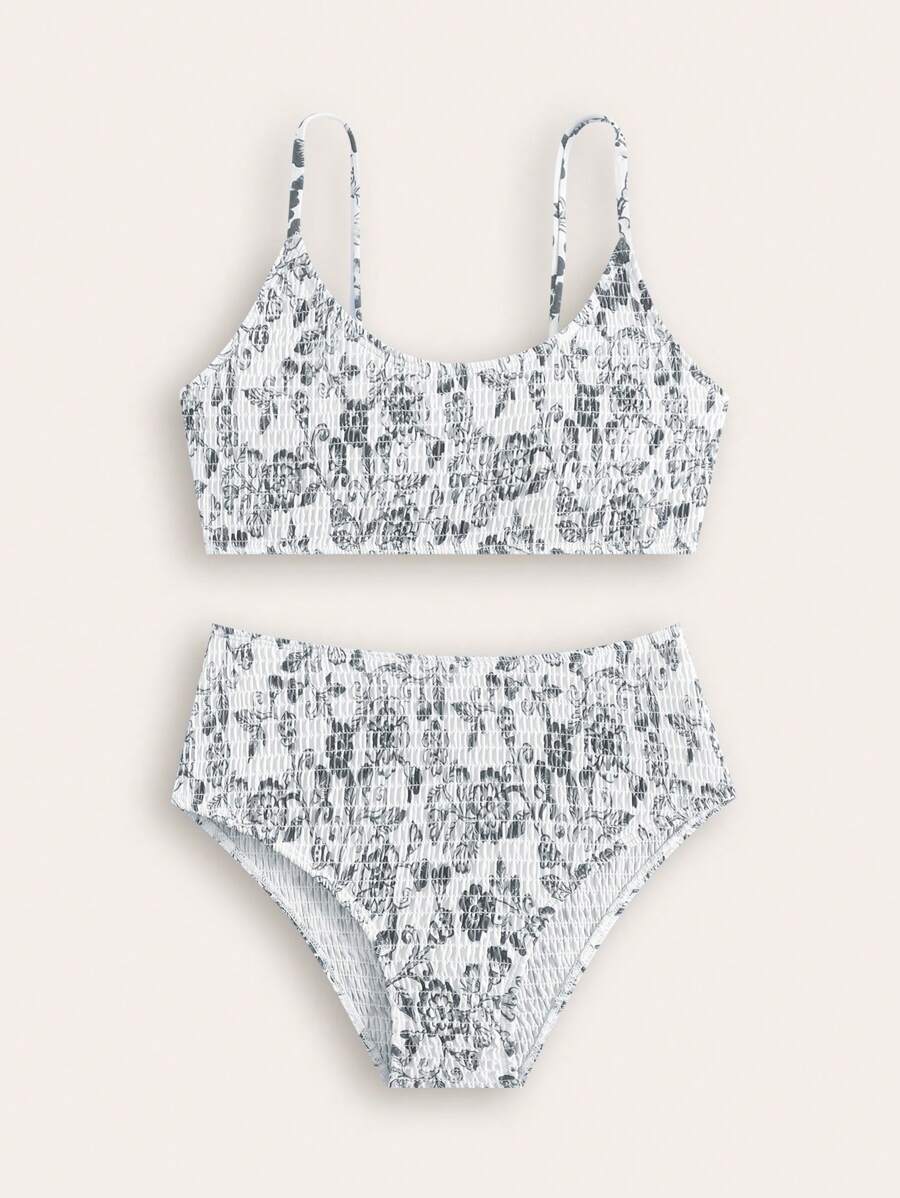 SHEIN 全新时尚花卉印花少女泳衣套装 - 淺灰色 - 查看 1