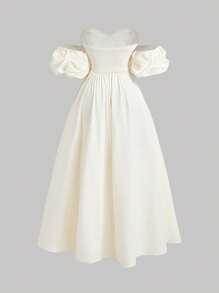 SHEIN MOD 加大码黑色露肩长款云朵袖喇叭裙、舞会礼服 - 杏色 - 查看 2