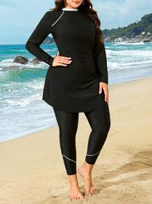 Swim Mulvari 2025年新款女士两件套长袖和长裤布基尼，修身纯色泳衣，欧洲时尚跨界 - 黑色 - 查看 4