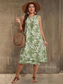 EMERY ROSE Plus Size Women Summer Vacation Round Neck Sleeveless Vintage Geometric Print Asymmetrical Hem Dress,Gifts For Mother,Summer Holiday,Vacation Outfits Women,Simple And Fashionable For Everyday Wear,Vacay Vibes,Springbreak,Casual Wear SS - Multicolor - View 6