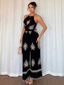 SHEIN Unity Women's Elegant Casual Halter Jumpsuit, Flared Leg Embroidered Vacation Jumpsuit - Black - View 5