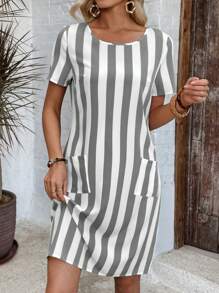 EMERY ROSE Women Striped Print Patch Pocket Round Neck Short Sleeve Short Dress Summer Dresses For Women,Shirt Dresses For Women