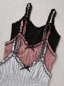 3 Sets Bow Decor Rib Knit Cami Top & Pants Pajama Set Lounge Set