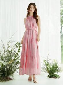 SHEIN LUNE 女款2025夏季度假扎染纹理印花无袖连衣裙 - 粉色 - 查看 7