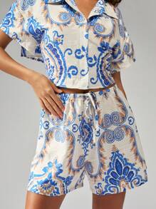 MISSGUIDED Bohemian Printed Drawstring Shorts Summer Resort Wear Beach Lounge Wear Vacation Beachwear - Blue and White - View 3