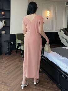 Dazy Plus Plus Size Solid Color Asymmetric Neck Midi Dress, Elegant Midi Length Dress In Pink,Formal Women Dresses