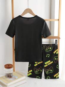 2 件套青少年男孩灰色简约电子游戏图案贴身短袖上衣和短裤家居服套装 - 黑色 - 查看 2