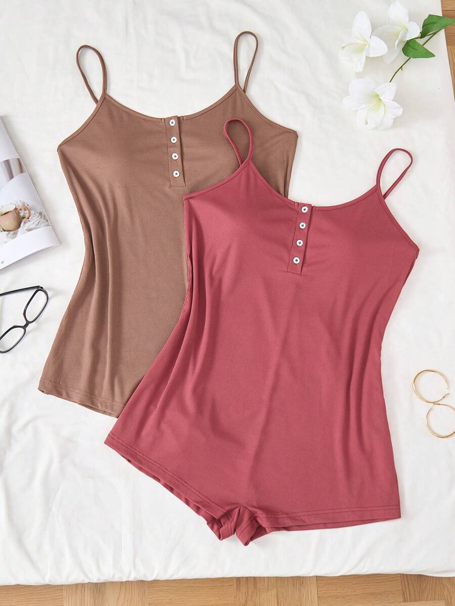 SHEIN 2件大码罗纹针织吊带背心连体睡衣套装 - 彩色 - 查看 1