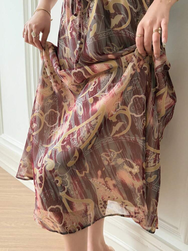Ditsy Floral V-Neck Tie-Up Long Dress For Women Dress Boho