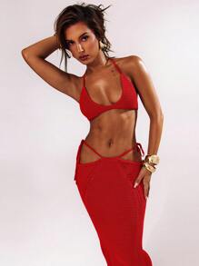 SHEIN BAE Damen 2er Set aus einfarbigem Strick-Top und extra langem gestricktem Midi-Rock für Herbst/Winter