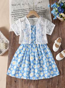 SHEIN 2件套少女花卉印花吊带背心连衣裙和夹克 - 彩色 - 查看 8