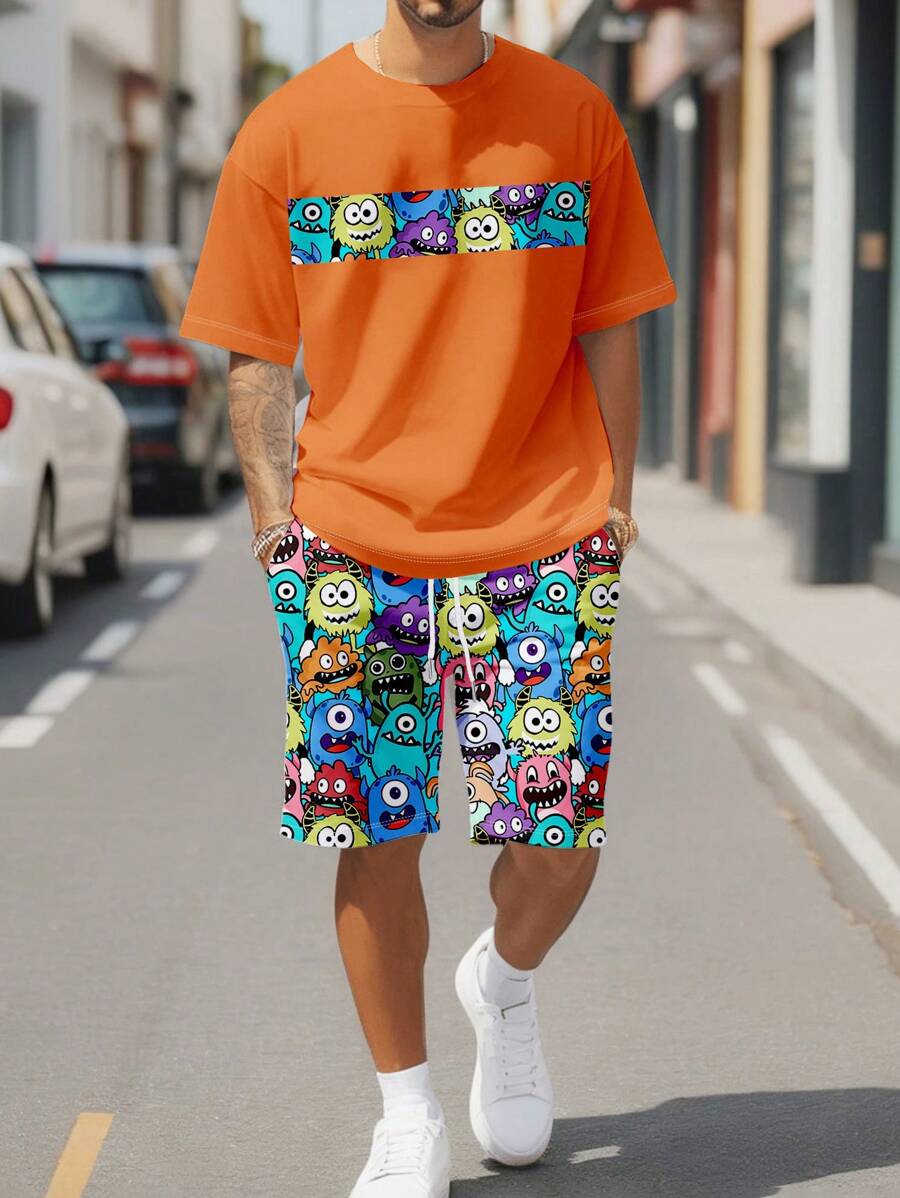Manfinity Homme Men's Crew Neck Short Sleeve Simple Cartoon Graphic T-Shirt And Slant Pocket Shorts Casual Set - Orange - View 1
