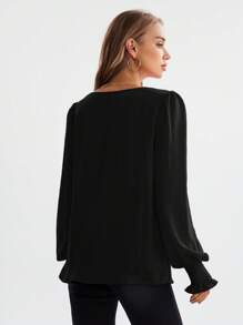 EMERY ROSE Round Neck Solid Color Lantern Sleeve Shirt, Casual For Autumn,Long Sleeve Tops