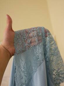 SHEIN Plus Size Women Lace Patchwork Sheer Shoulder Open Front Short Sleeve Top & Long Pants Pajamas Set, Outfits - Baby Blue - View 7