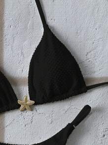 Swim Mod 2 Pcs Set Baju Renang Bikini Halter Thong Hitam dengan Motif Bintang Laut Emas Bertekstur Warna Solid, Pakaian Liburan Pantai Kasual Musim Panas untuk Wanita - Hitam - View 5