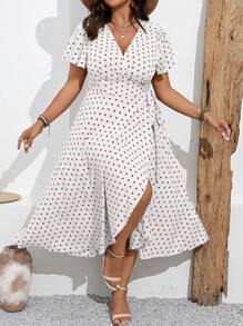 SHEIN Clasi Plus Size Polka Dot V-Neck Short Sleeve Dress, Fashionable For Summer - Multicolor - View 6